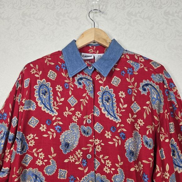VTG Capacity Top Shirt Shacket M Red Blue Paisley Floral Mixed Denim Collar - Picture 2 of 16